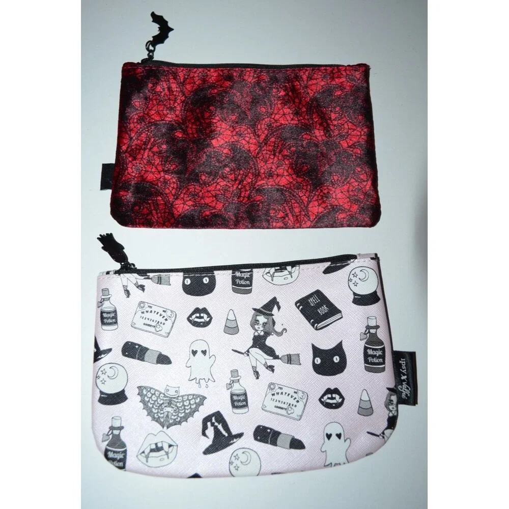 Ipsy Make Up Bag Lot Halloween Red Mask Velvet Bat Spider Web Maroon Lace Valfre